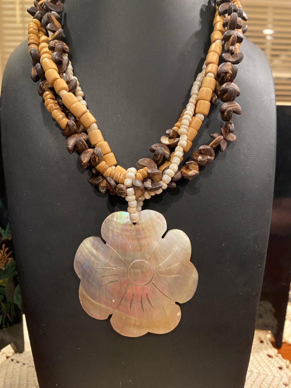 Mother of Pearl Flower Pendant Multi-Strand Wooden Necklace - Brown & Cream